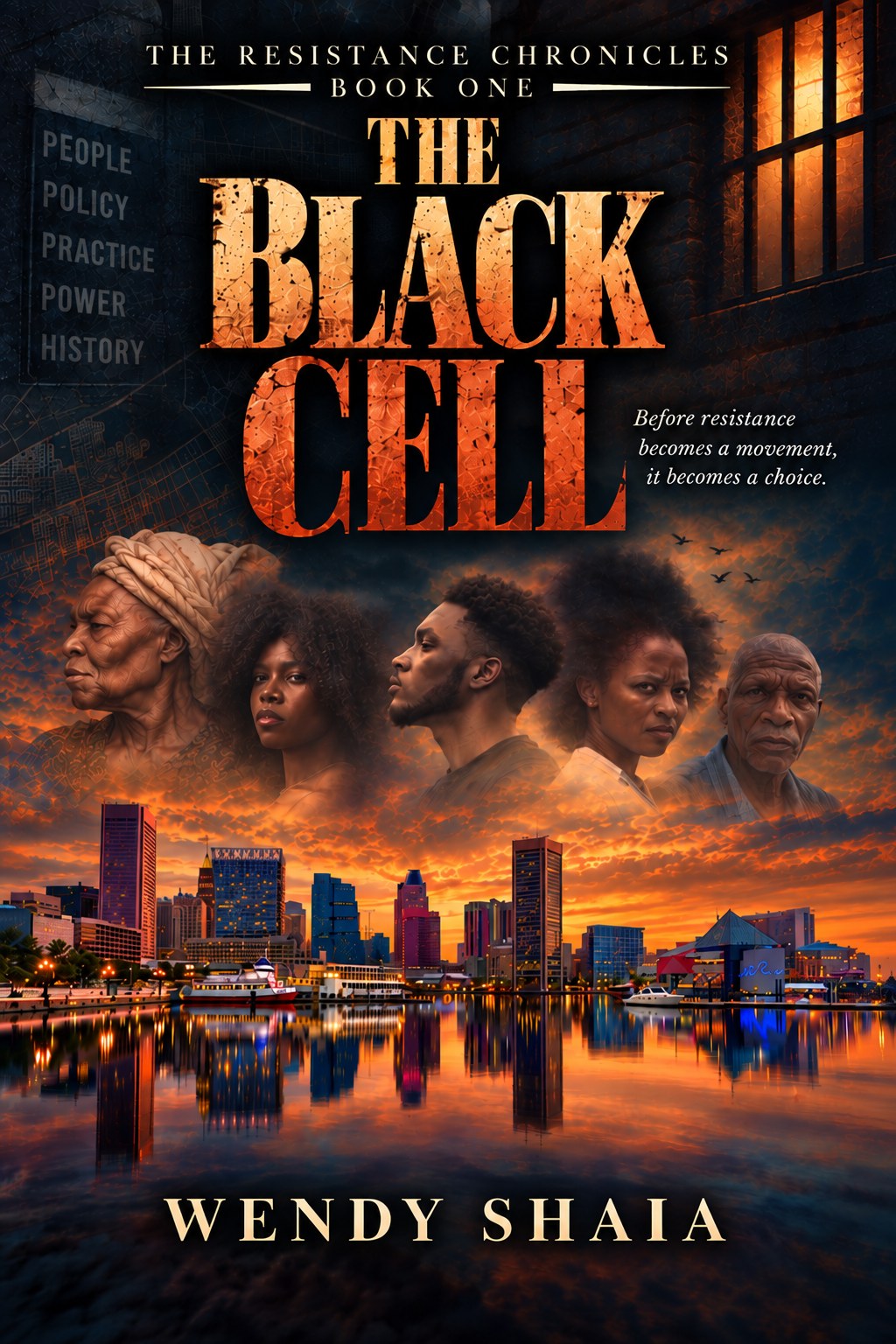 The Black Cell by Wendy Shaia - new edition cover: five faces above the Baltimore skyline at dusk, with the themes People, Policy, Practice, Power, and History