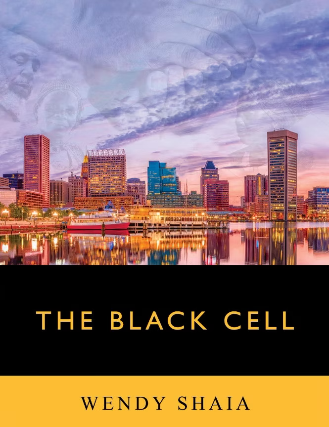 The Black Cell by Wendy Shaia - book cover showing Baltimore Inner Harbor skyline at dusk