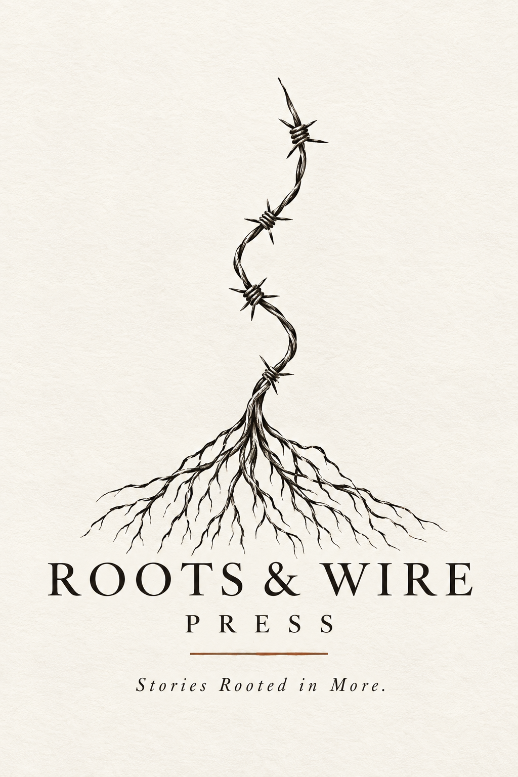 Roots & Wire Press logo: barbed wire descending into tree roots, above the words Roots & Wire Press and the tagline Stories Rooted in More.